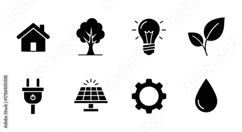 Eco icons set: sustainability and renewable energy symbols in silhouette style