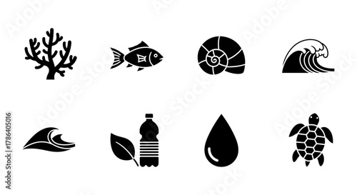 Marine life icons set featuring fish, coral, waves, and more in black silhouette style