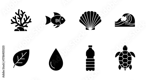Silhouette icons of marine life and environmental themes in black and white