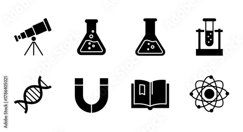 Set of science icons featuring telescope, beakers, magnet, dna, and atom symbols