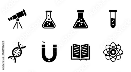 Science icons set: telescope, beaker, dna, magnet, book, atom