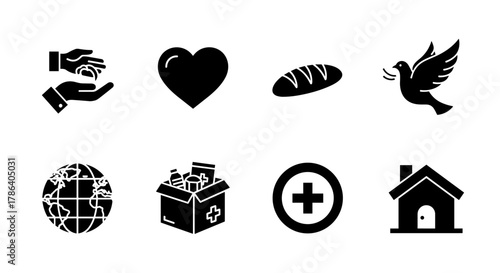 Silhouette icons of charity: hands, heart, bread, dove, globe, aid box, medical cross, home