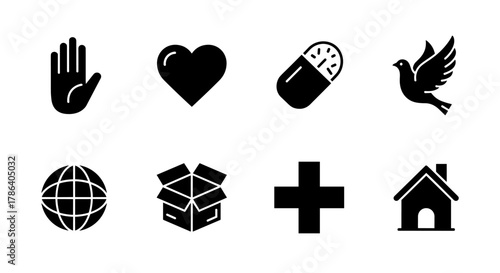 Essential icons: minimalist symbols of peace, health, and home in black silhouette