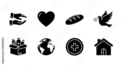 Charity icon set: heart, hands, bread, medicine, globe, house, cross, dove