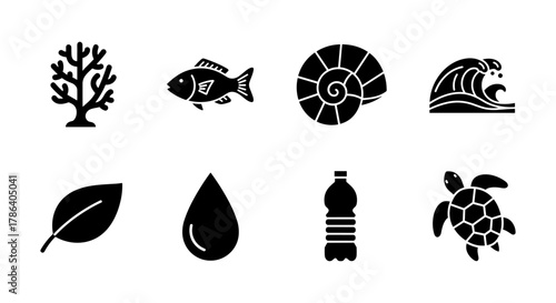 Marine life and environmental icons: aquatic animals, ocean waves, and pollution awareness