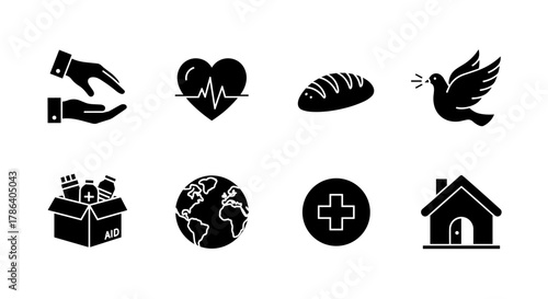 Humanitarian aid icons: silhouette set with global, health, and peace symbols