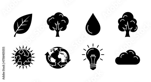 Sustainability icons set featuring nature, energy, and recycling symbols in silhouette style