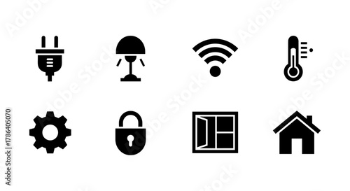Smart home icons collection: energy, security, connectivity, and environment simplified