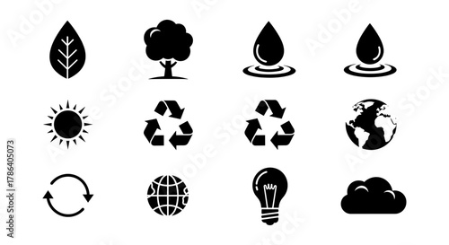 Eco-friendly icons: recycle, nature, and environment symbols in black silhouette style