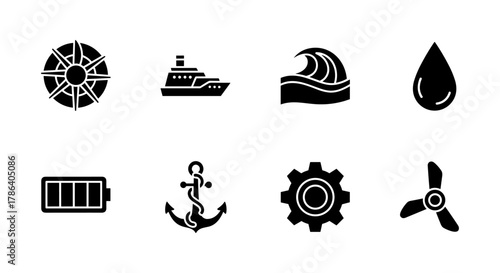 Marine and tech icons: nautical and technology inspired black silhouettes