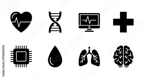 Medical icon set: heart, dna, computer, health, chip, blood, lungs, brain