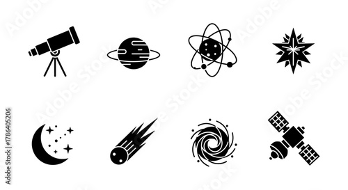 Celestial icons: space, telescope, planet, atom, star, moon, meteor, satellite set