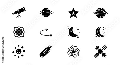 Space icons: telescopes, planets, stars, and satellites in flat silhouette design