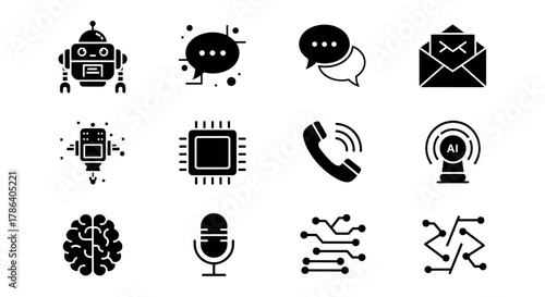 Communication and technology icons: ai, robotics, and digital connectivity in silhouette style