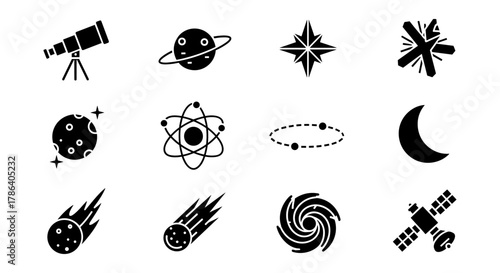 Space icons set: telescope, planet, atom, and more in black silhouette style