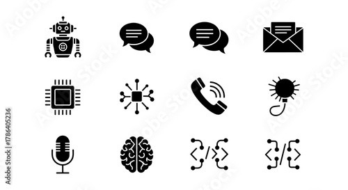 Ai and communication icons set: chat, email, processor, technology symbols