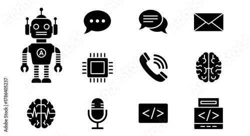 Modern communication and technology icons: ai, chat, email, and code symbols