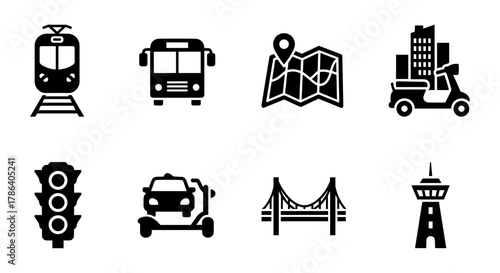 Urban transport icons set featuring maps, buildings, and vehicles in bold silhouette style