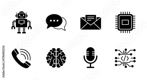 Technology and communication icons set in black silhouette design