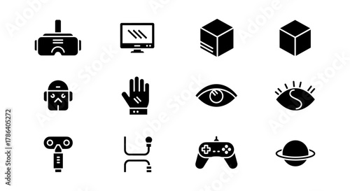 Gaming and technology icons: vr, robots, and more in minimalistic black silhouette