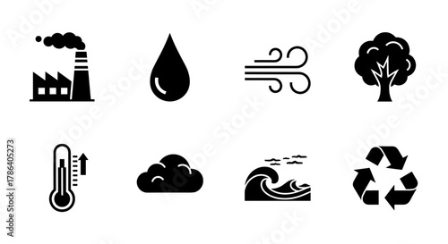 Environmental icons set: sustainability, nature, pollution, elements