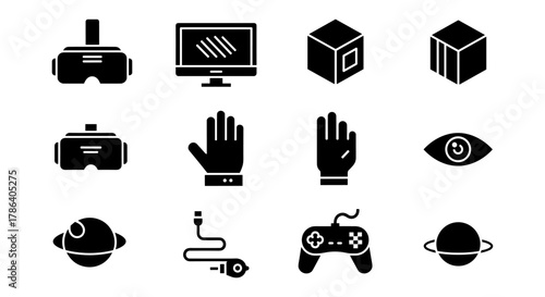 Virtual reality and gaming icons in minimalist silhouette style
