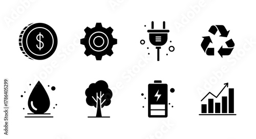 Minimalist black icons set: energy, nature, and economy symbols in silhouette style
