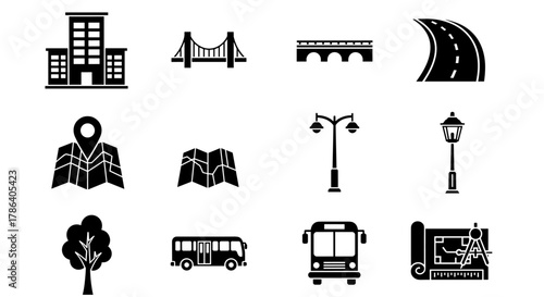 Urban transportation and infrastructure icons set in black silhouette style