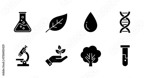Essential science and nature icons set in bold silhouette style