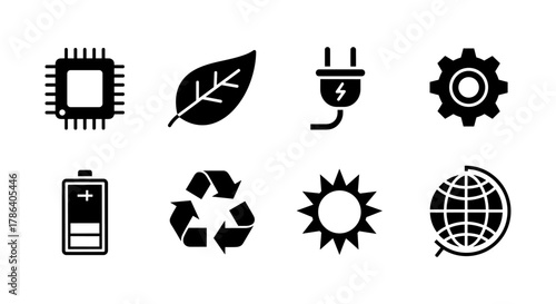 Black and white eco technology icons: chip, leaf, plug, gear, battery, recycle, sun, globe
