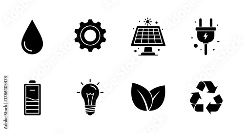 Set of energy and sustainability icons in flat style