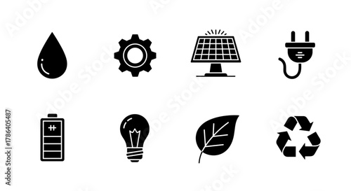 Set of black icons representing sustainable energy and eco-friendly concepts