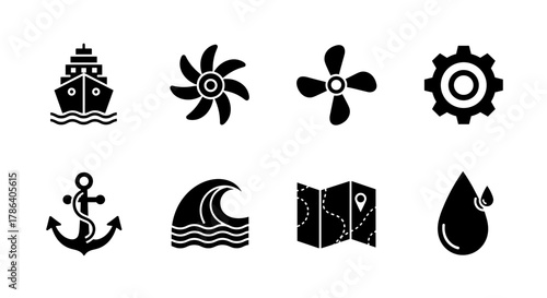 Nautical and mechanical icons collection in silhouette design