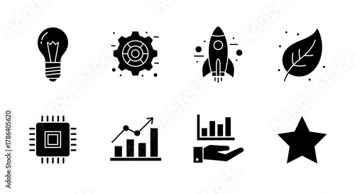 Black silhouette icons: innovation, growth, tech, nature in simplistic design