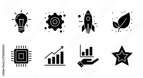 Set of icons: light bulb, gear, rocket, leaf, chip, growth chart, hand with chart, star