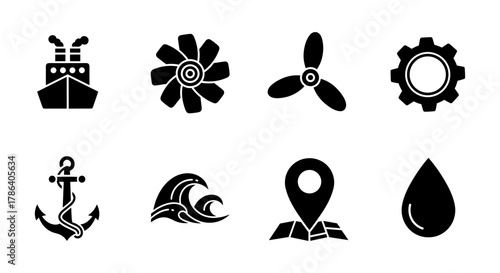 Nautical icon set featuring ships, waves, and anchors in bold black silhouette style