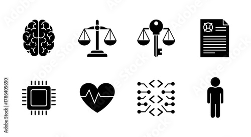Modern silhouette icons of technology, justice, and health for diverse applications