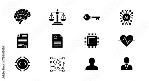 Set of black icons: technology, science, and business concepts