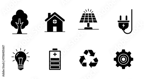 Set of black energy and environment silhouettes featuring solar, recycle, and eco icons
