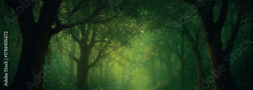 Pixel art vector of an enchanted forest bathed in emerald and moss-green tones. Mysterious atmosphere with glowing light through trees, ideal for fantasy game backgrounds and digital artwork.