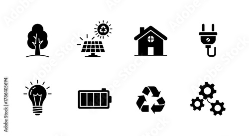 Sustainable energy icons featuring solar panel, recycle symbol, and eco-friendly elements in simple black silhouette