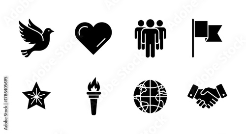 Icon set featuring peace dove, heart, and global unity with minimalist silhouette designs