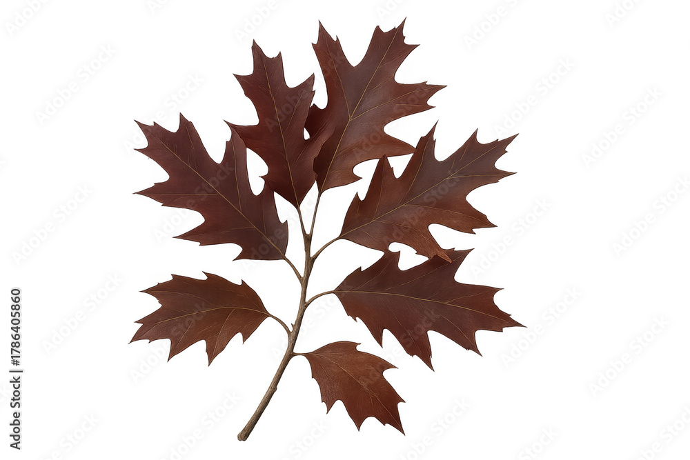 Fototapeta premium Oak twig displaying seasonal changes with multiple leaves in warm brown and red tones, isolated on a transparent background