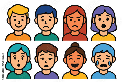 Diverse group of cartoon people displaying a range of human emotions and expressions