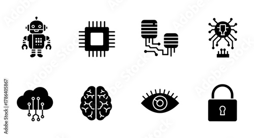 Futuristic technology icons: ai, robotics, and cybersecurity symbol set