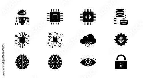 Technology and ai icons: robotics, neural networks, and cloud computing