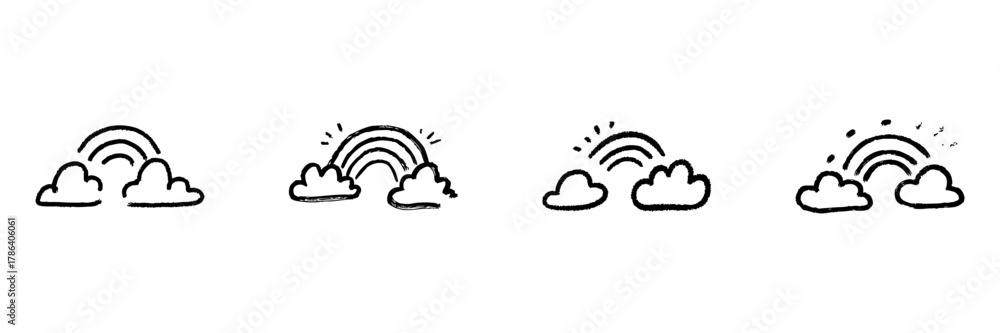 Naklejka premium Clouds And Rainbows Line Icon Set In Doodle Style. Weather, Optimism, And Hope Symbolism Outline Sketch Collection. Hand Drawn Isolated Vector Illustration
