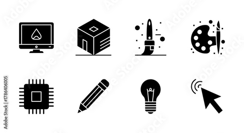 Digital creativity icons: computer, cube, paint, palette, circuit, pencil, light bulb, cursor