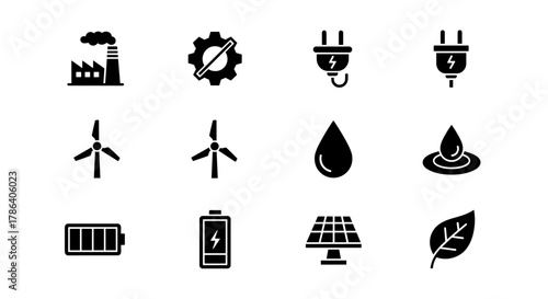 Sustainable energy icons in black silhouette style featuring renewable power and eco-friendly elements