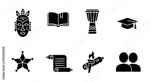 Cultural and educational icons set in silhouette style